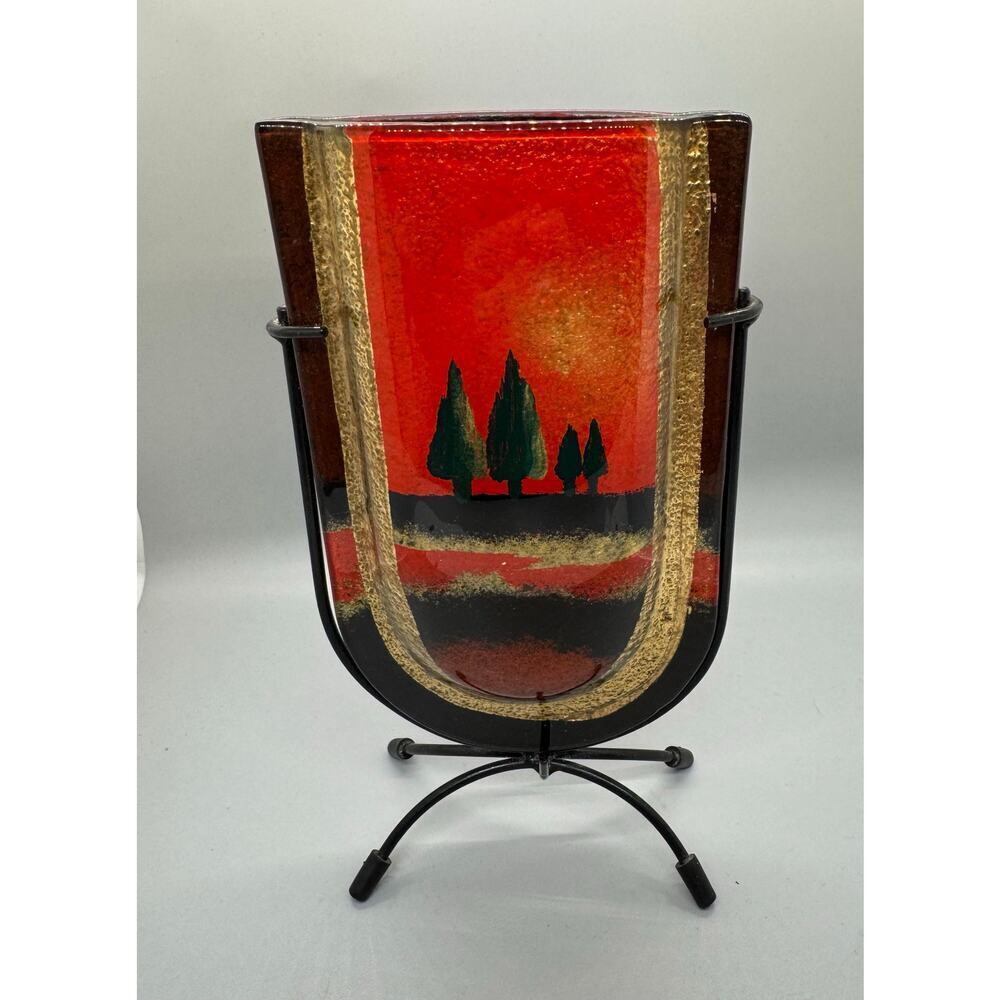 Vintage Jasmine Art Glass Vase in Metal Stand Black Gold Red Green Trees Vibrant - Picture 3 of 13